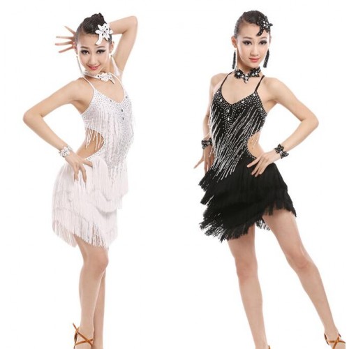 BLACK WHITE PURPLE Stage Performance Girls Costumes Latin Dance Clothing tassel Crystals Dress Kids Latin Salsa Dresses Samba Dance Costume